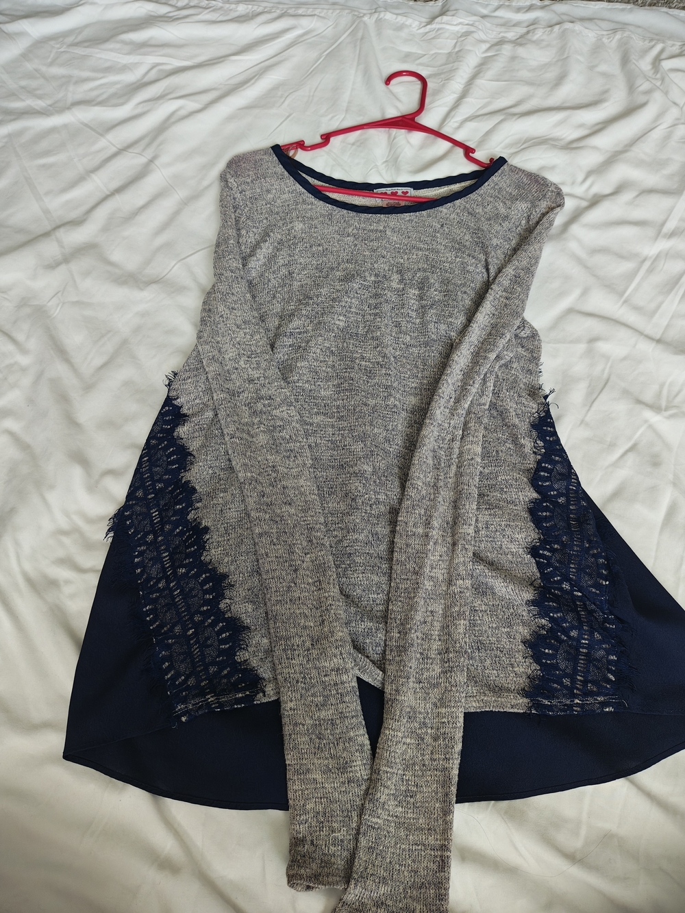 Three Hearts Gray Sweater Top with Navy Lace Trim